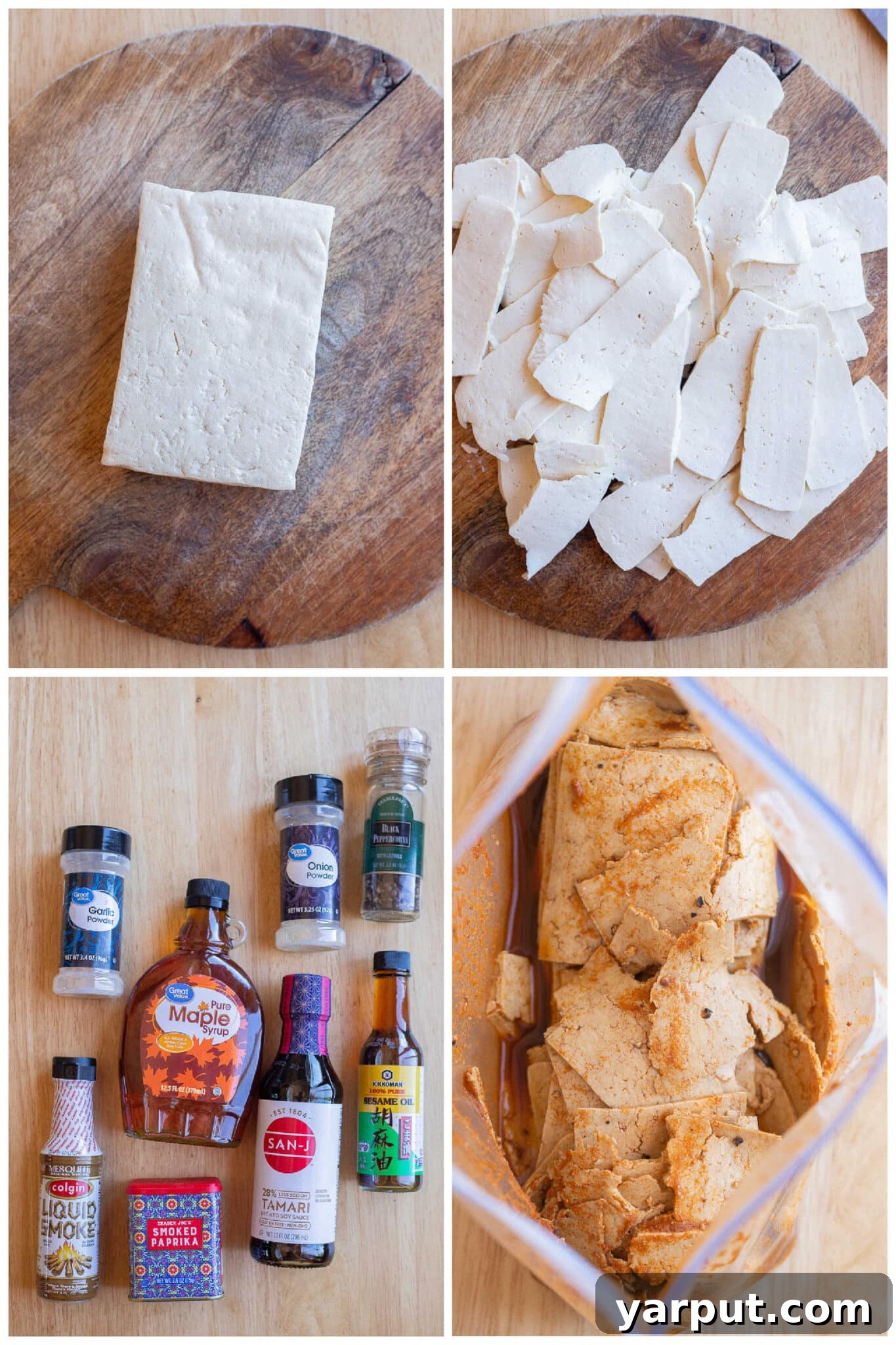 showing how to slice the tofu and all ingredients needed for the smoky marinade