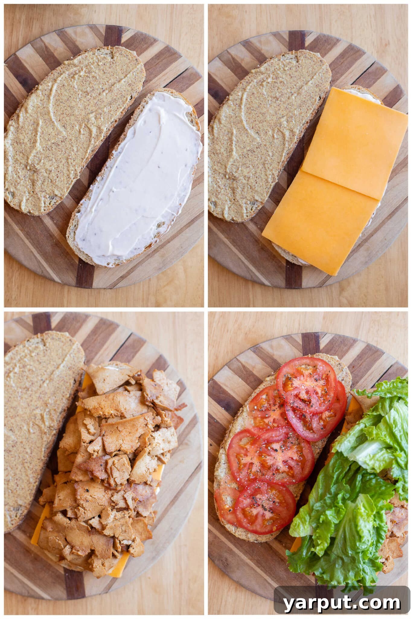 showing how to assemble a sandwich using plant based deli meat