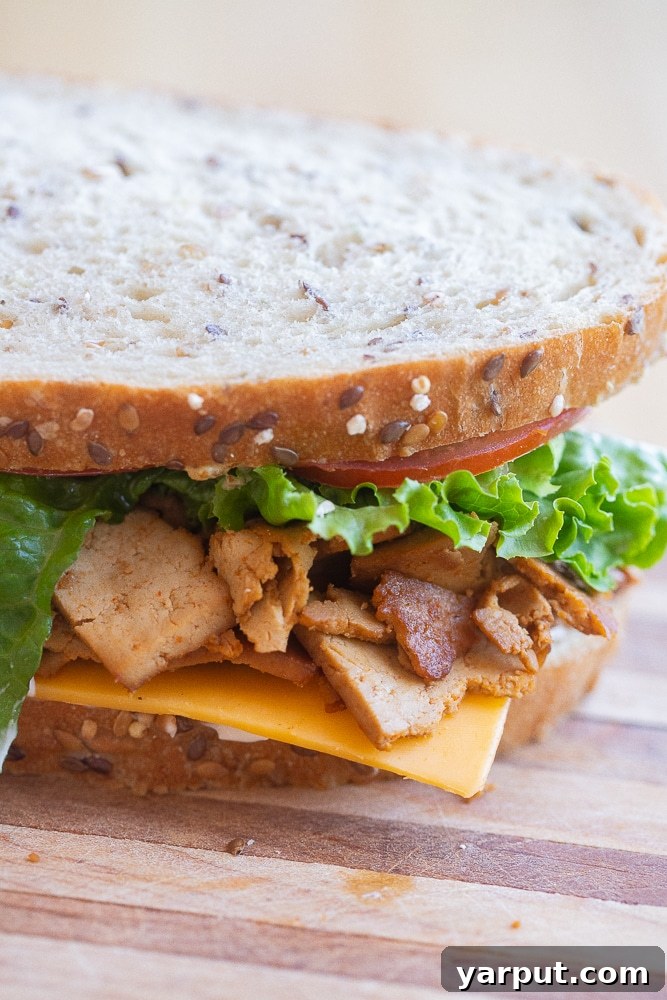 close up of a vegetarian turkey sandwich