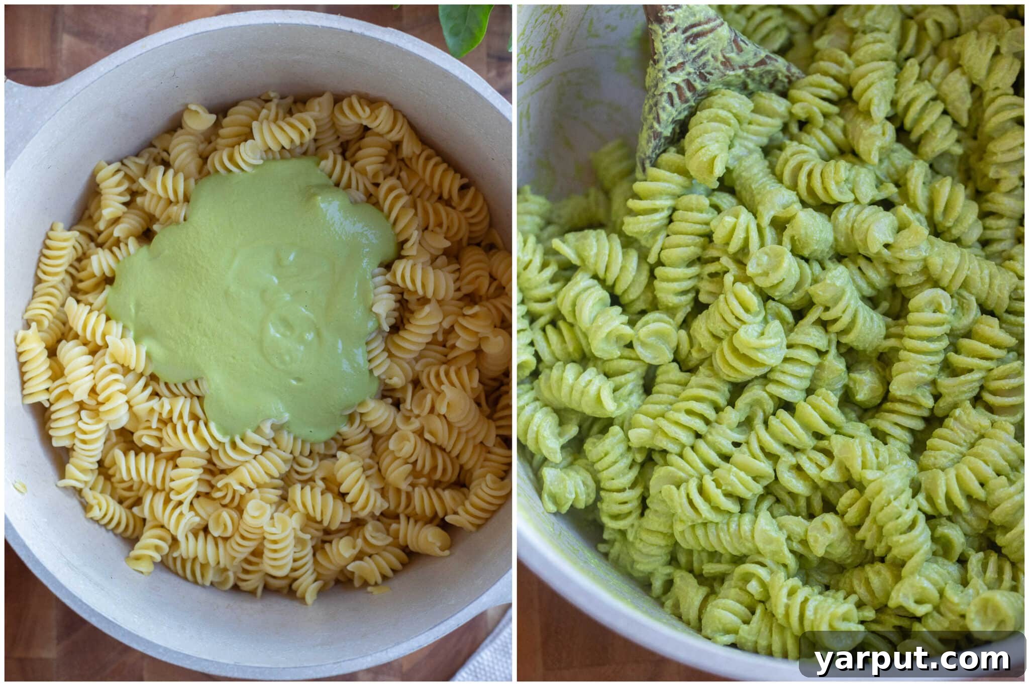 adding the lemon basil sauce to the pasta and mixing it in