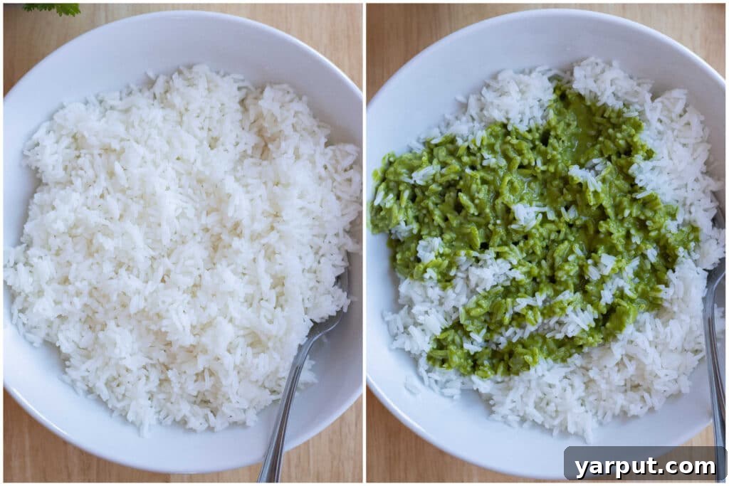 cilantro lime dressing being poured over white rice