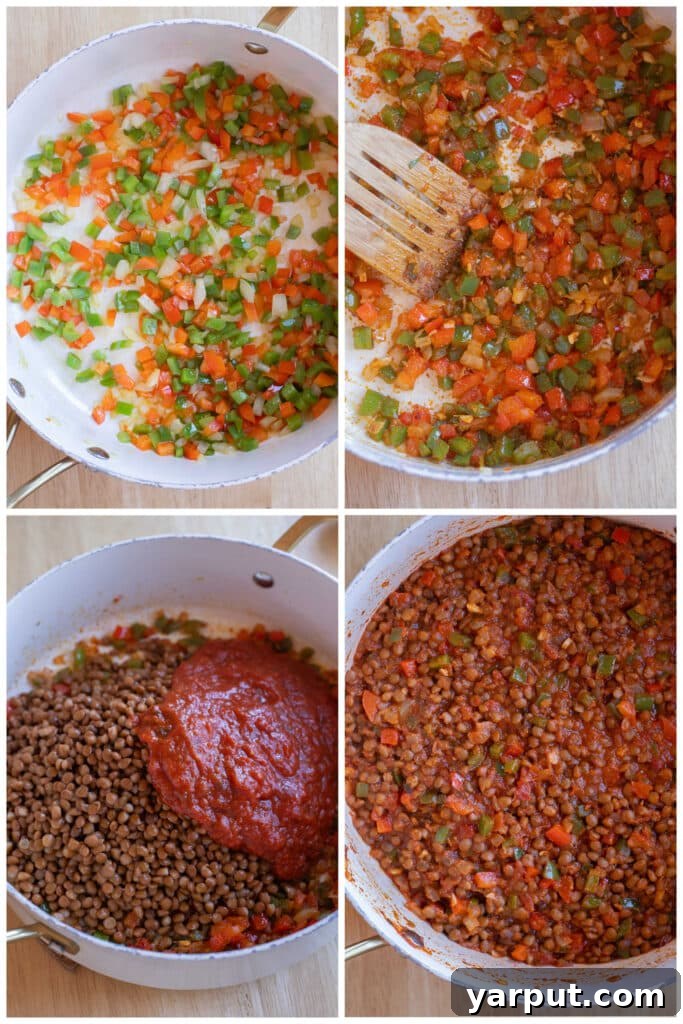 Hearty Lentil Meatball Subs with Savory Marinara 4 Showing how to cook the vegetables and lentils together for these vegetarian meatball subs