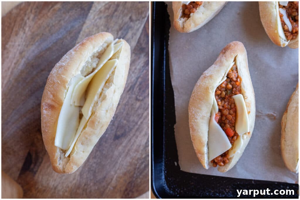 Hearty Lentil Meatball Subs with Savory Marinara 5 Assembling the lentil pizza subs on a baking sheet