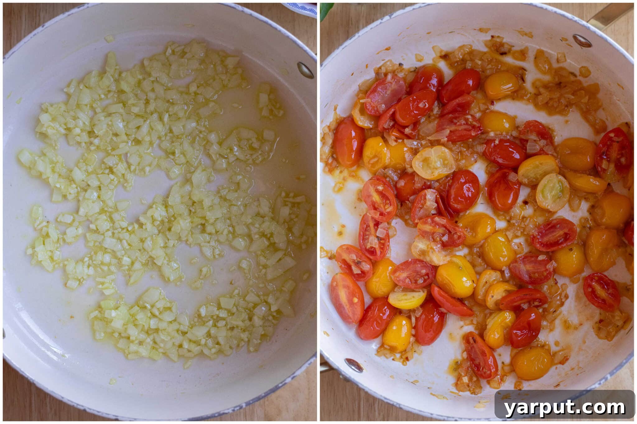 Creamy White Beans with Roasted Cherry Tomatoes 4 showing how to prepare the garlic, onion and cherry tomatoes