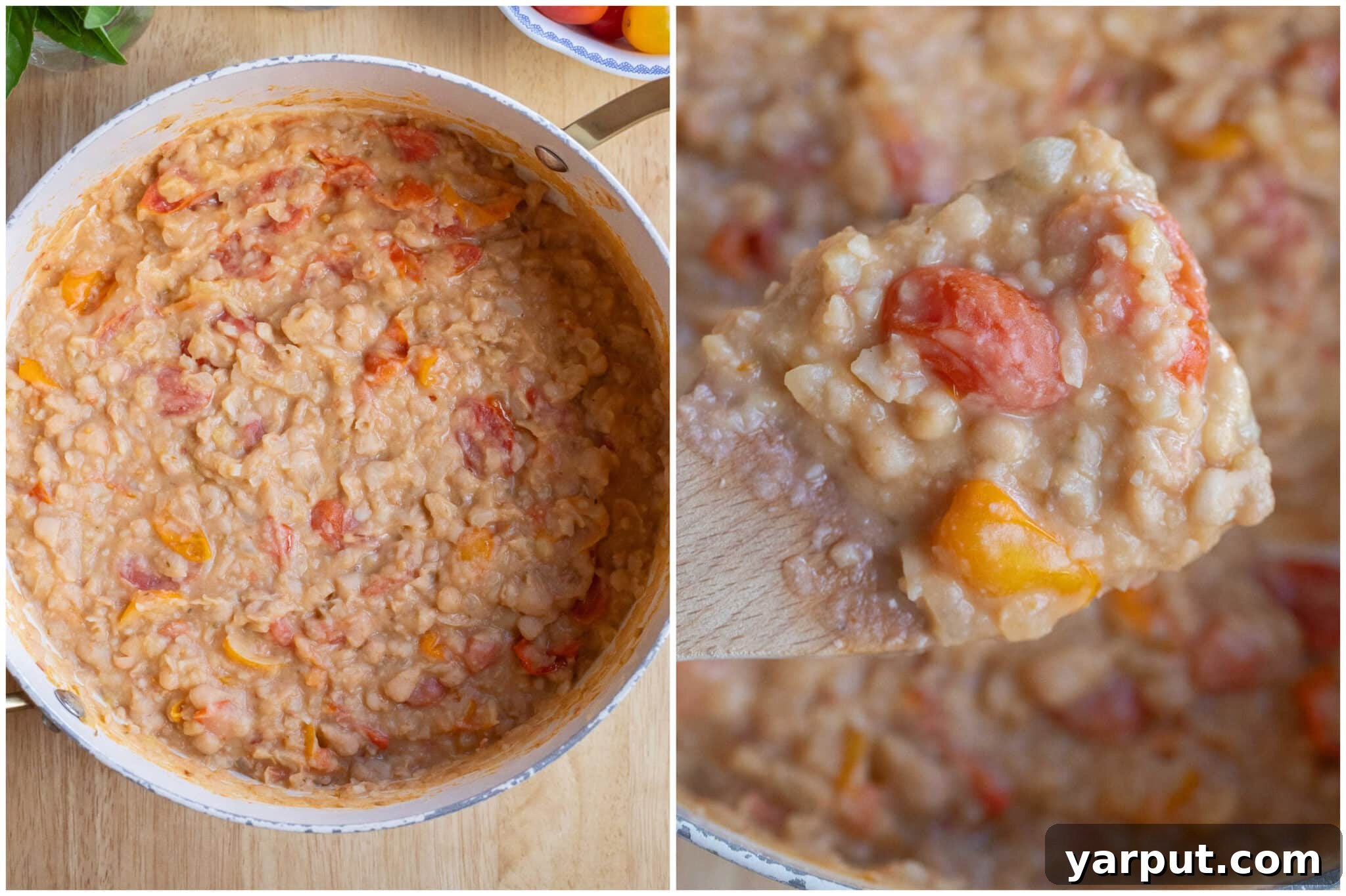 Creamy White Beans with Roasted Cherry Tomatoes 5 refried white beans with cherry tomatoes in a pan