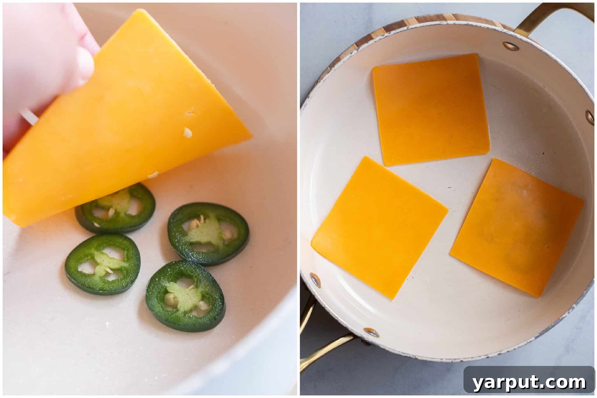 showing how to lay down the jalapeños and cheese for these breakfast sandwiches
