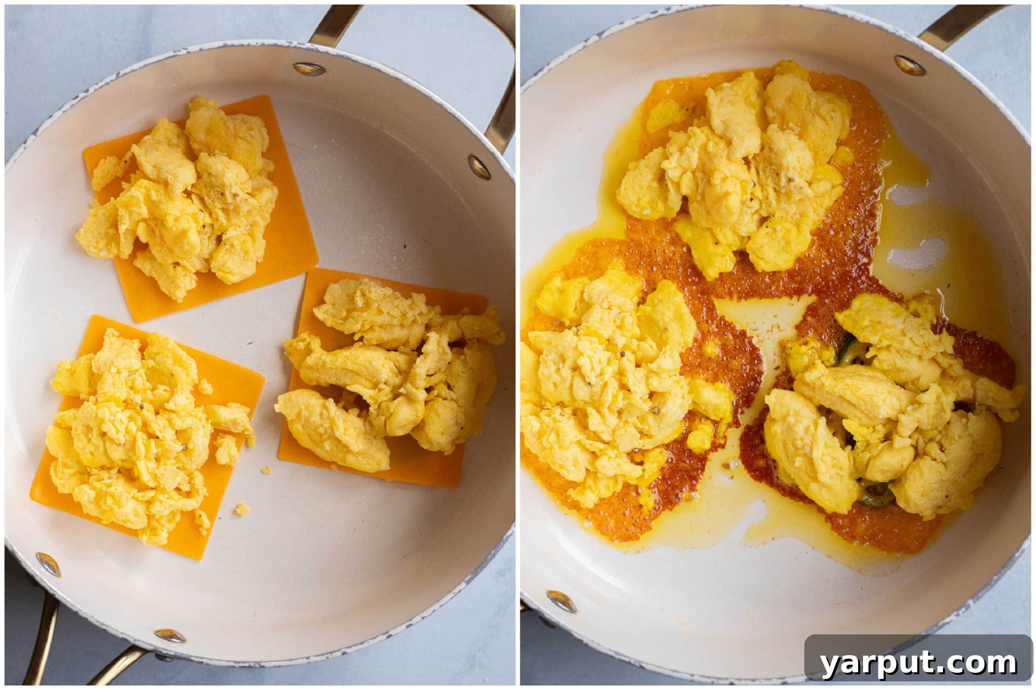 crispy cheese and scrambled eggs in the bottom of a pan