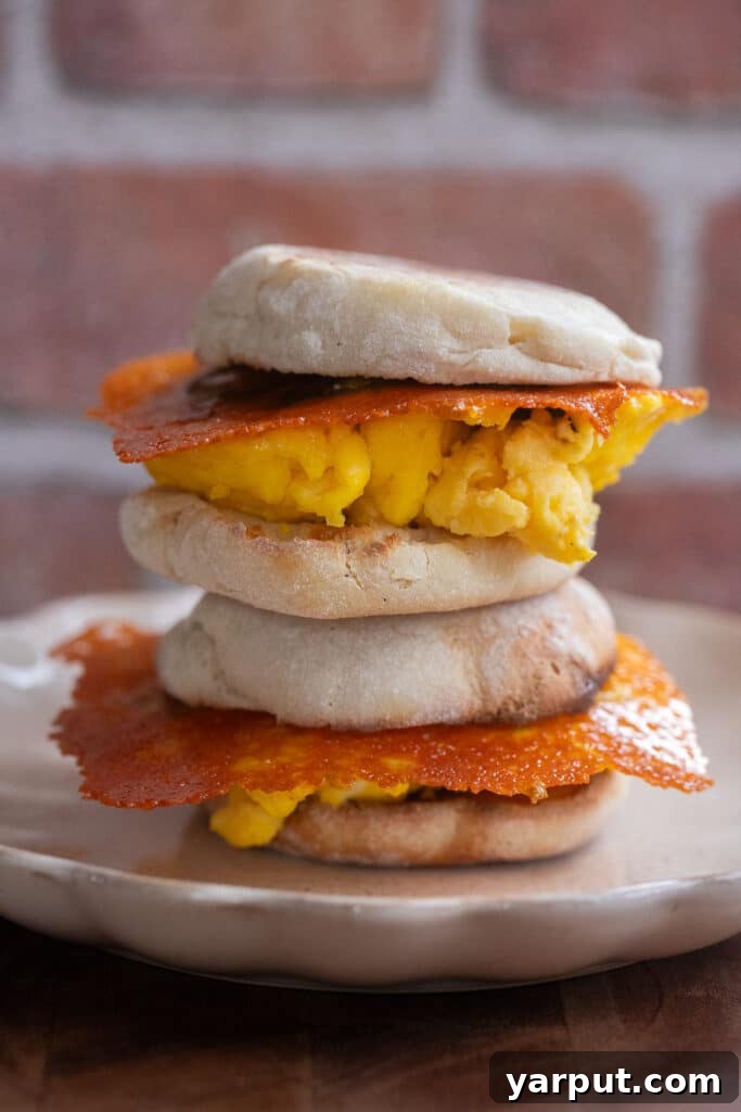 Two crispy cheese and egg sandwiches stacked on top of each other