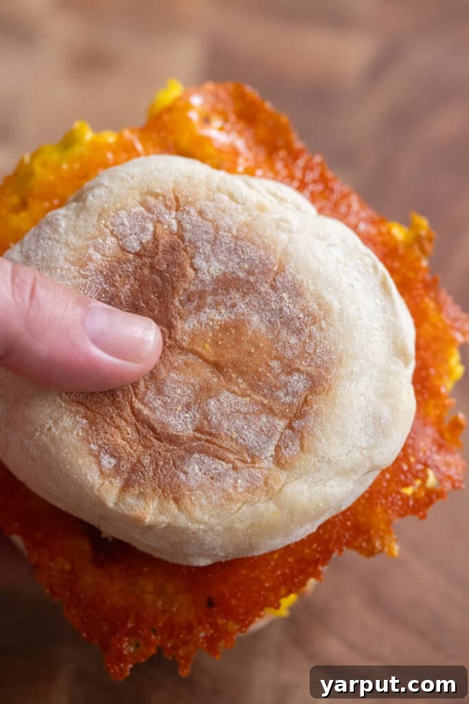 A hand holding a egg and cheese breakfast sandwich