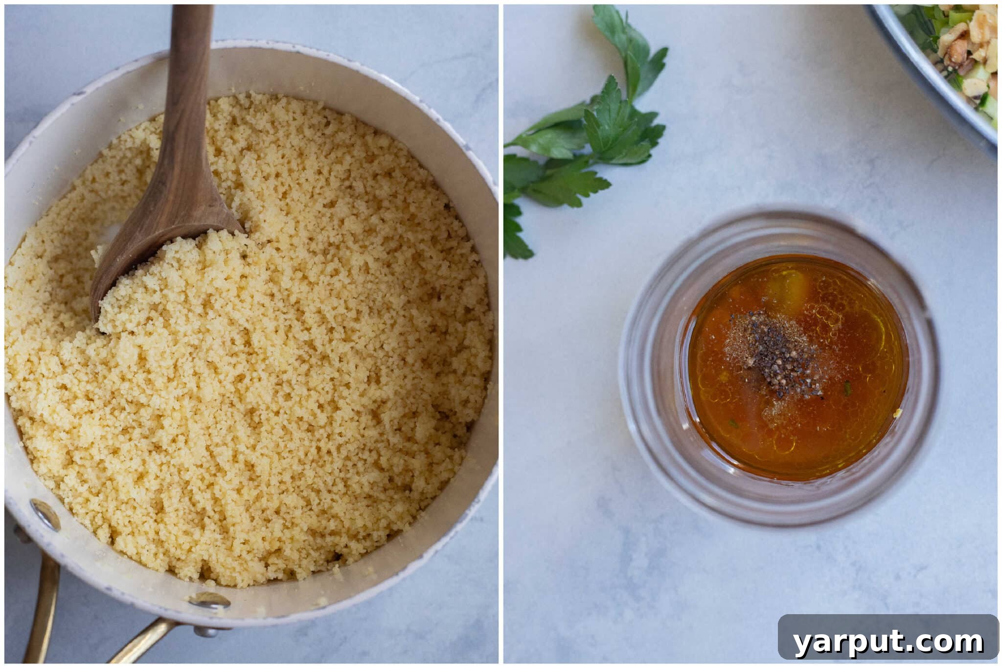 cooked couscous in a pot and salad dressing in a jar