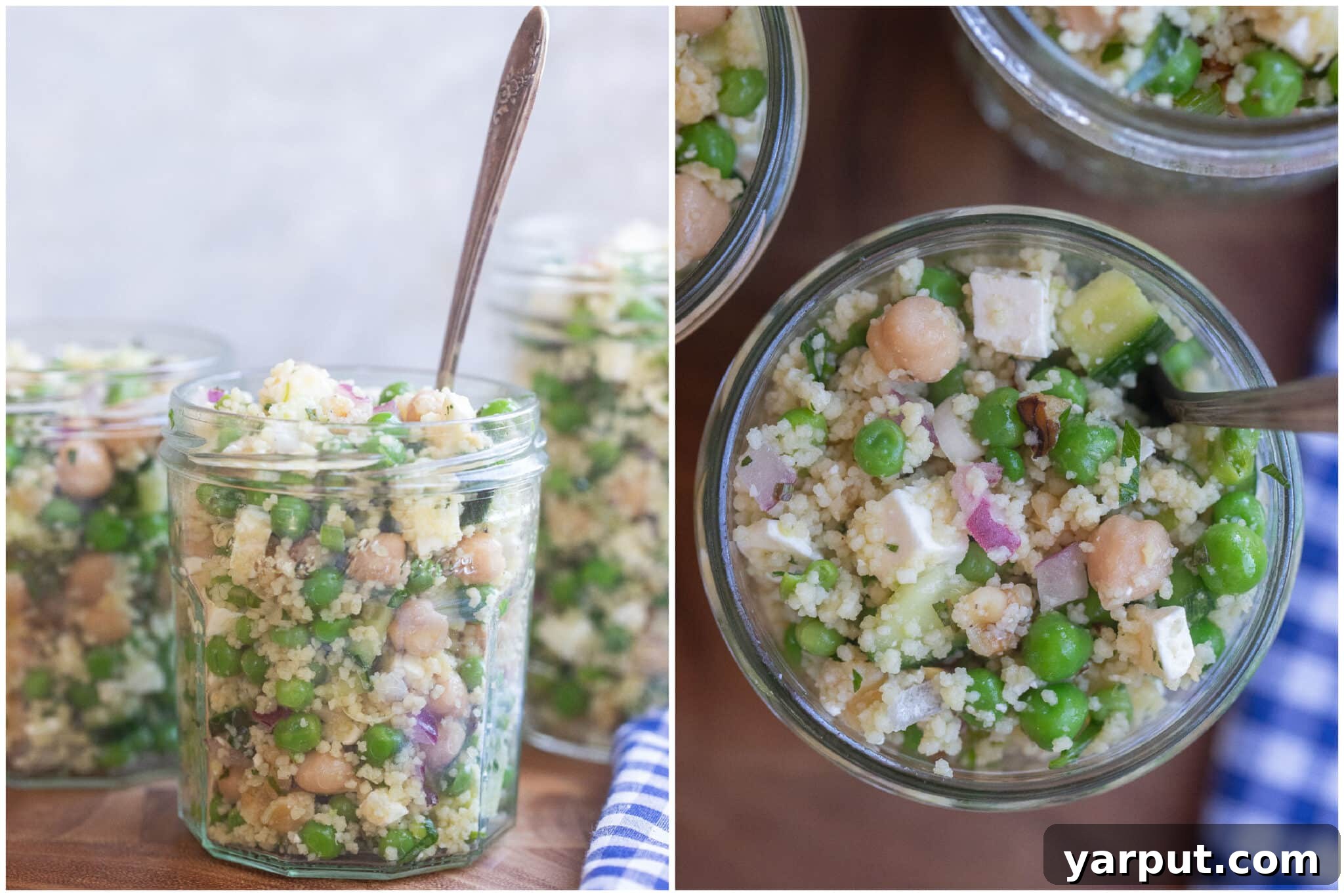 sweet pea salad packed into glass meal prep containers.