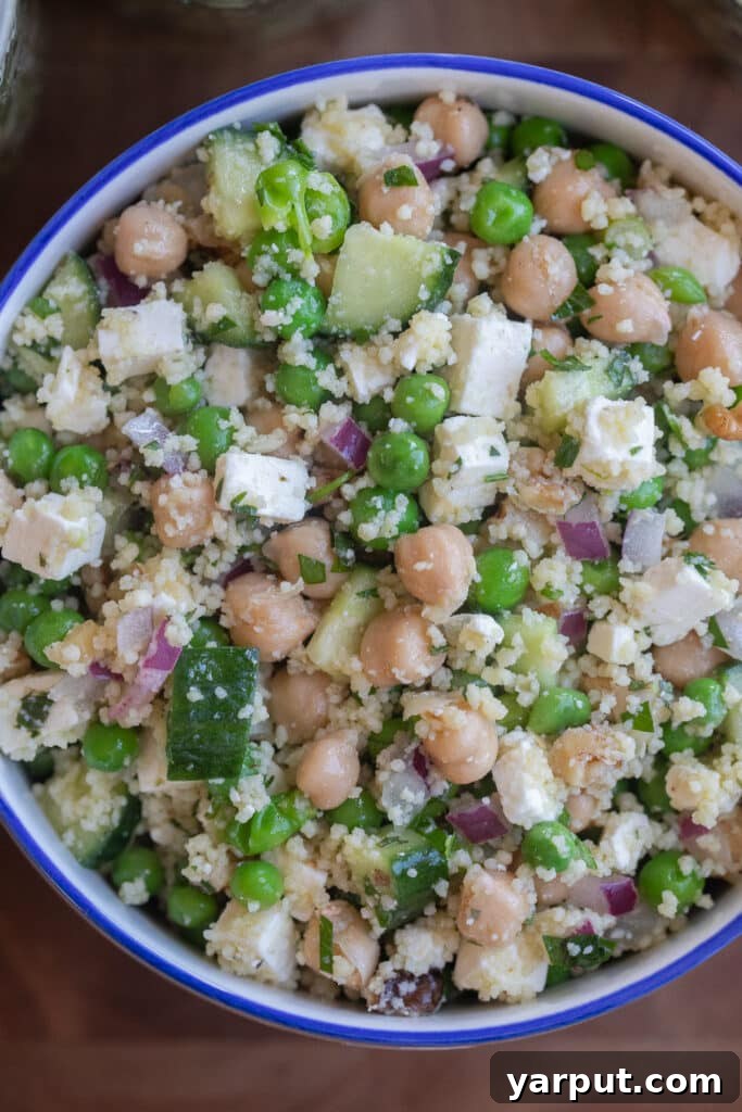 close up of vegetarian sweet pea salad with couscous