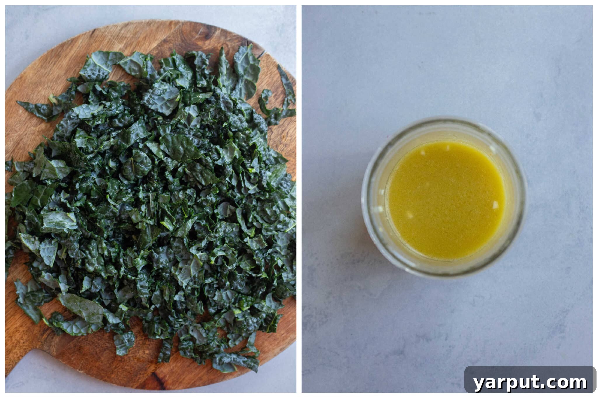 Hearty Lentil Potato and Kale Salad with Lemon Vinaigrette 4 chopped kale on a cutting board and homemade dressing in a jar