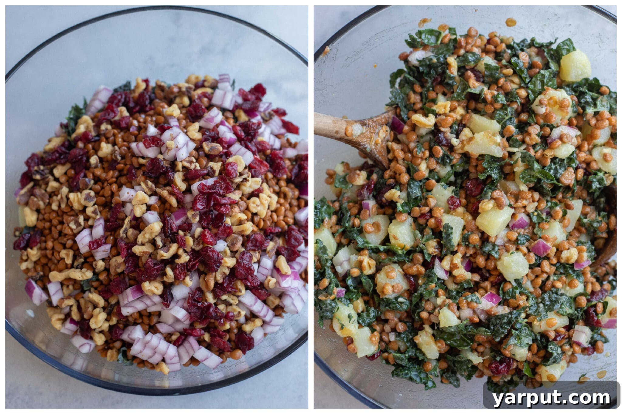 Hearty Lentil Potato and Kale Salad with Lemon Vinaigrette 5 lentil kale and potato salad before and after it has been mixed together