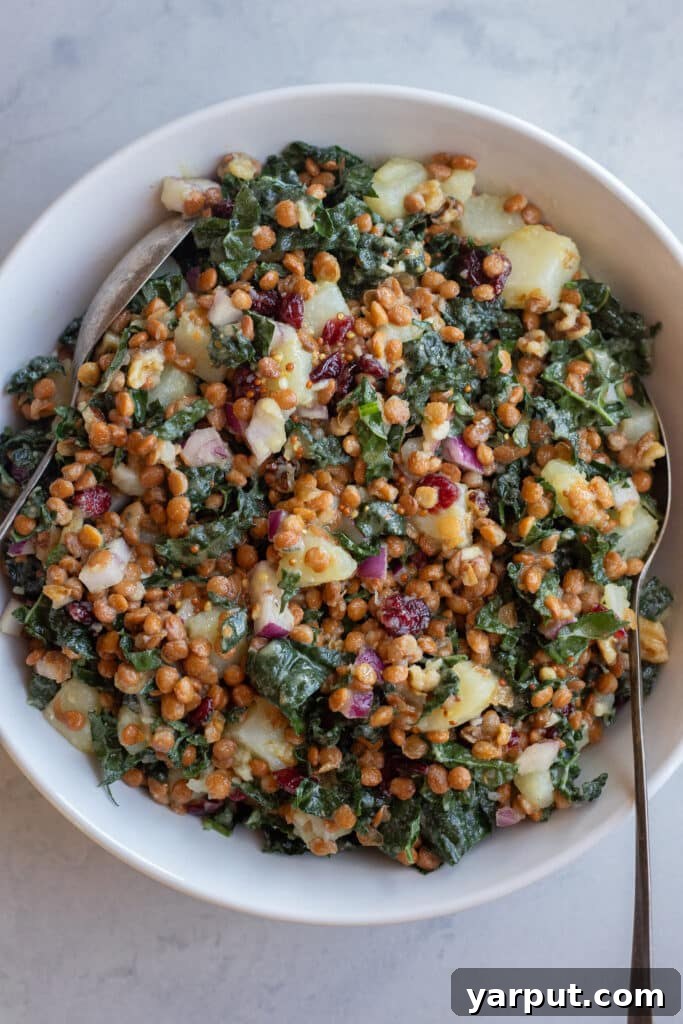 Hearty Lentil Potato and Kale Salad with Lemon Vinaigrette 6 hearty kale salad in a serving bowl with a spoon