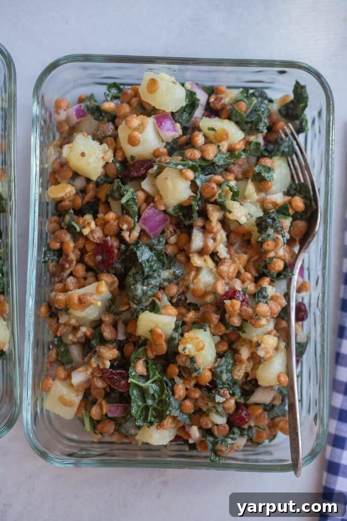 Hearty Lentil Potato and Kale Salad with Lemon Vinaigrette 8 Kale lentil and potato salad in a meal prep container