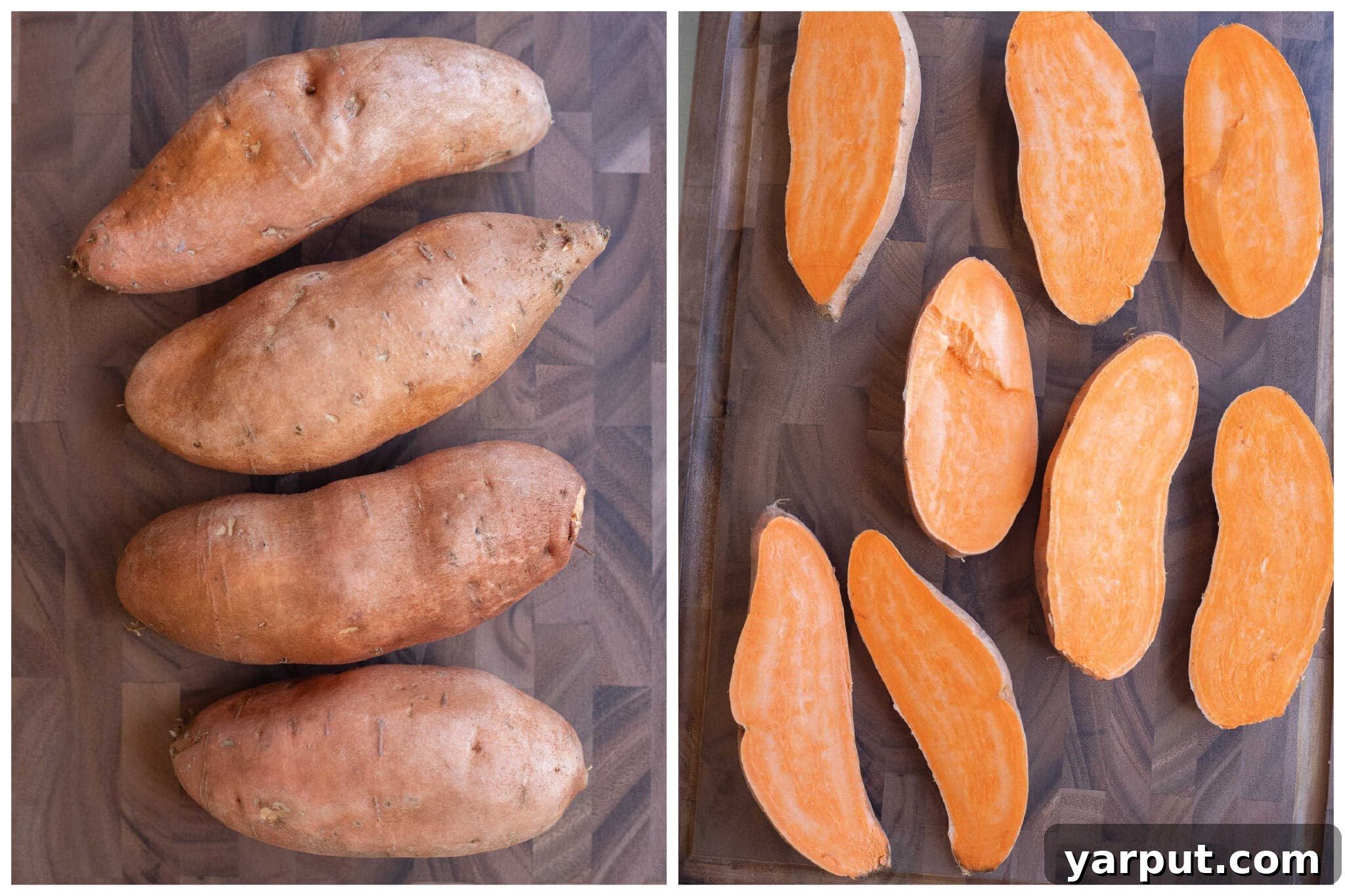 sweet potatoes that have been sliced in half, horizontally.