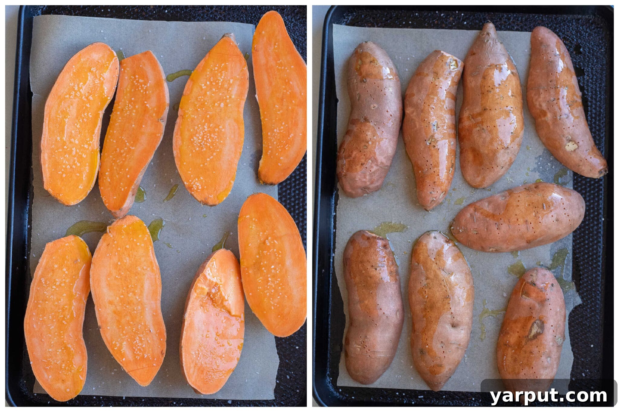 Raw sweet potatoes topped with oil and salt on a sheet pan