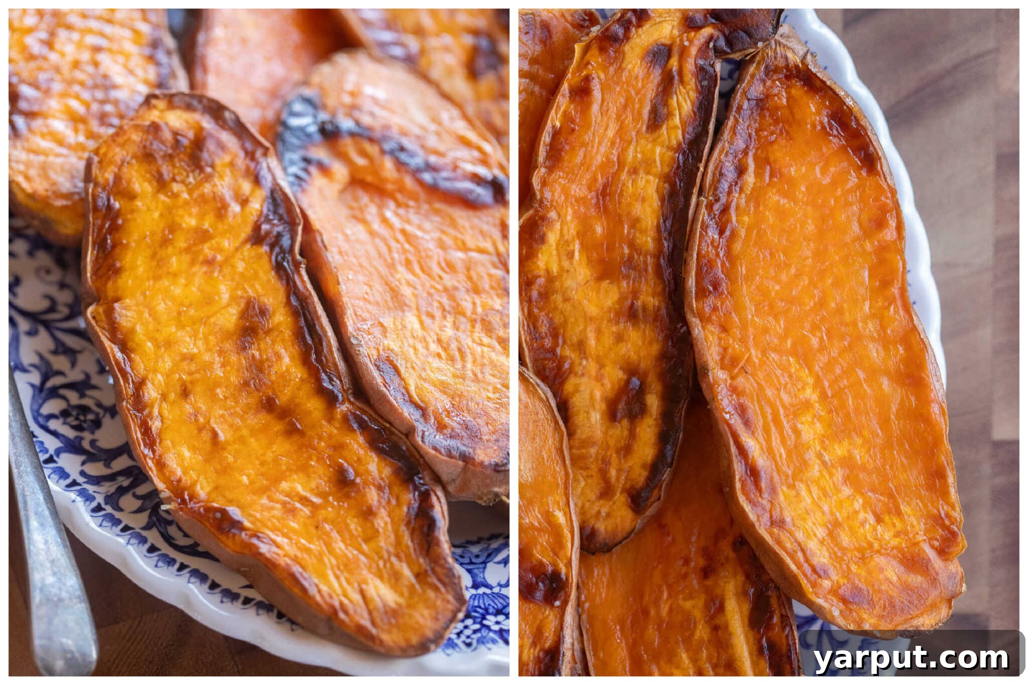 close up of two different roasted sweet potatoes