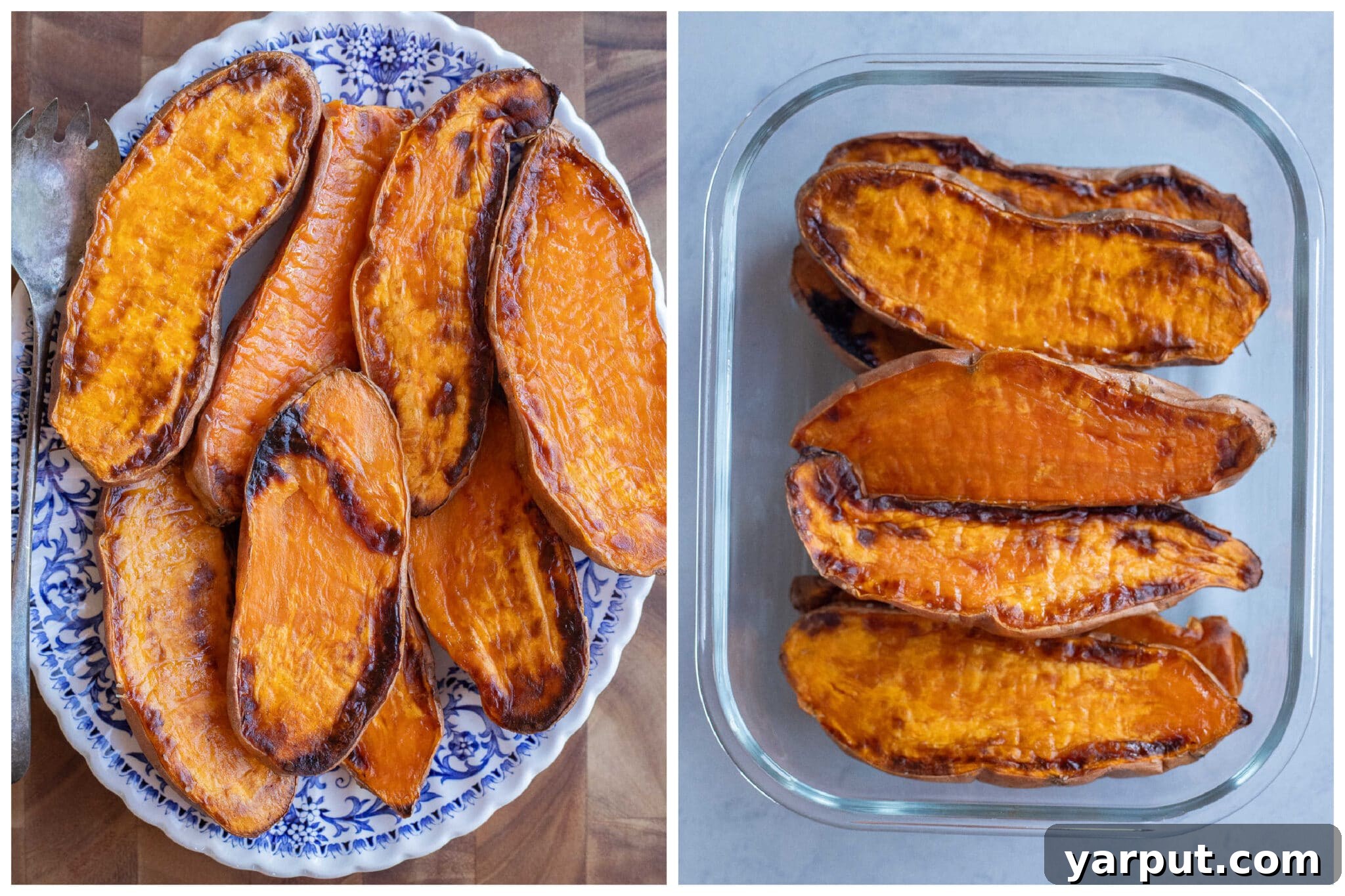 roasted sweet potatoes in a glass meal prep container