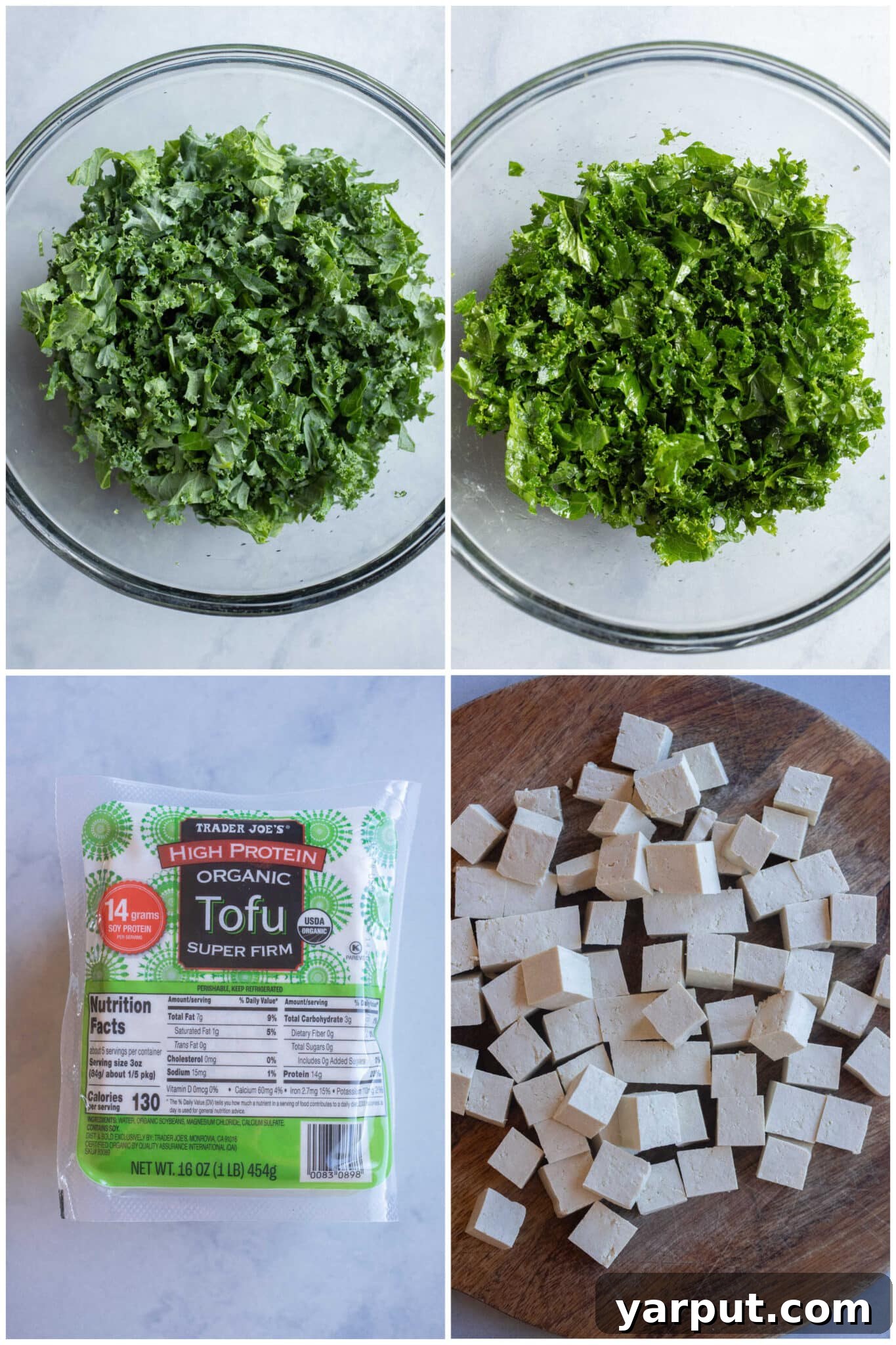 Fall Balsamic Tofu Quinoa Bowls with Roasted Veggies 3 kale salad before and after being massaged with dressing, and tofu cubed up on a cutting board