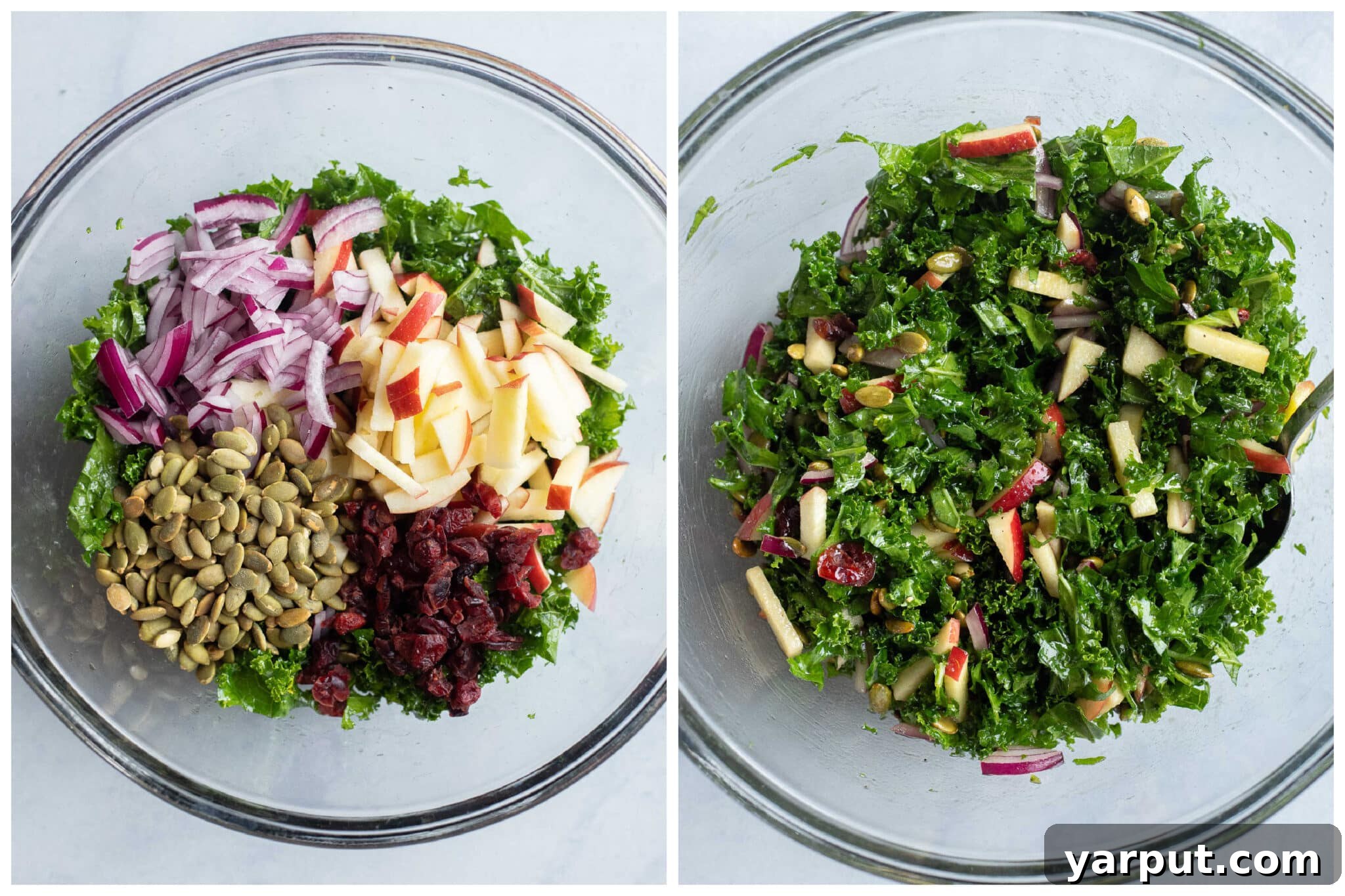 Fall Balsamic Tofu Quinoa Bowls with Roasted Veggies 5 showing how to prepare the apple kale salad in a large bowl