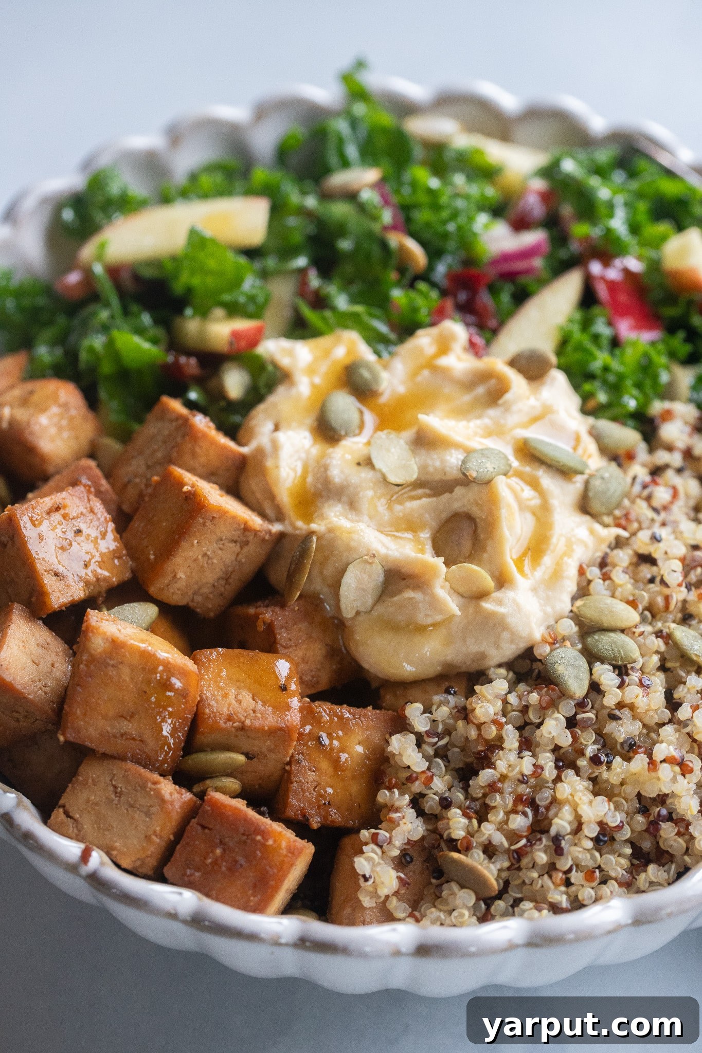 Fall Balsamic Tofu Quinoa Bowls with Roasted Veggies 6 close up of a fall inspired quinoa power bowl with hummus and pumpkin seeds