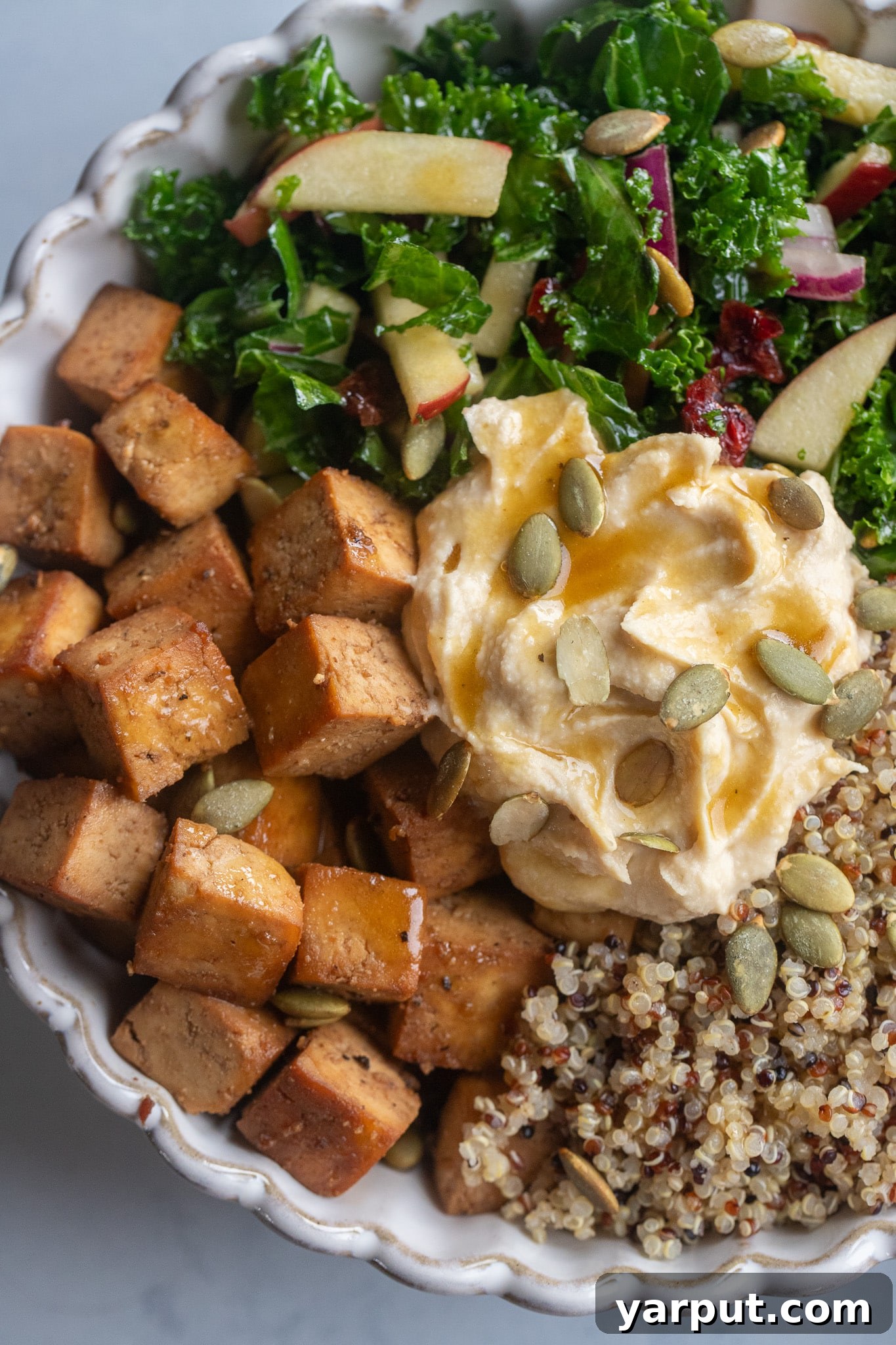 Fall Balsamic Tofu Quinoa Bowls with Roasted Veggies 7 Close up of a balsamic tofu quinoa bowl with hummus