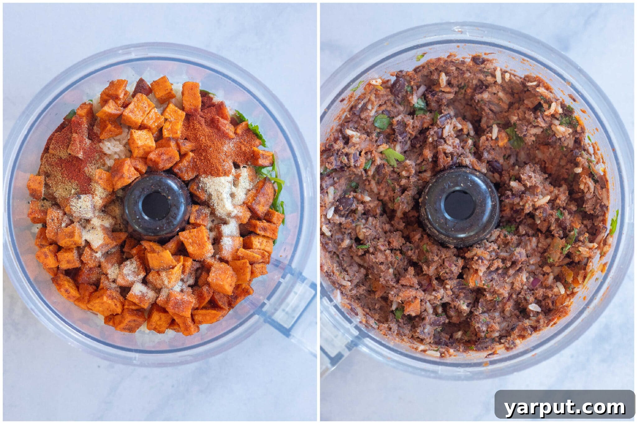 Crispy Black Bean and Sweet Potato Patties 4 showing how to blend all the ingredients up in a food processor