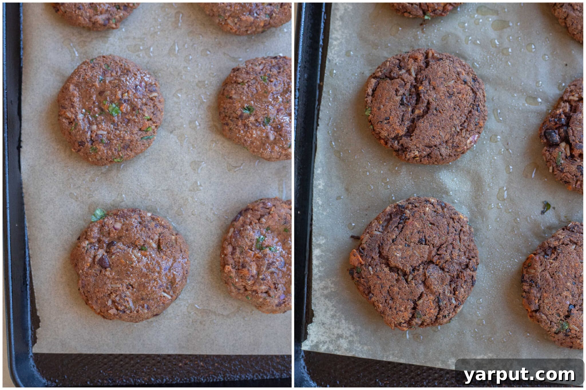 Crispy Black Bean and Sweet Potato Patties 5 black bean sweet potato patties before and after they have been baked