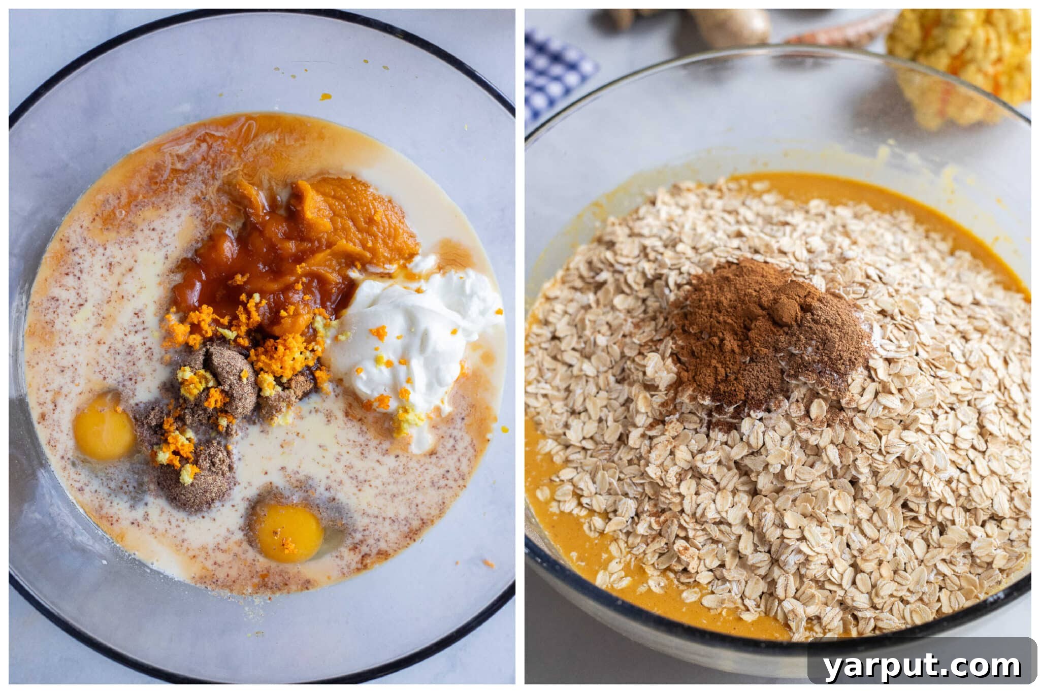 Warm Pumpkin, Ginger & Turmeric Baked Oatmeal 3 Showing the wet and dry ingredients added to a large mixing bowl for this baked oatmeal recipe