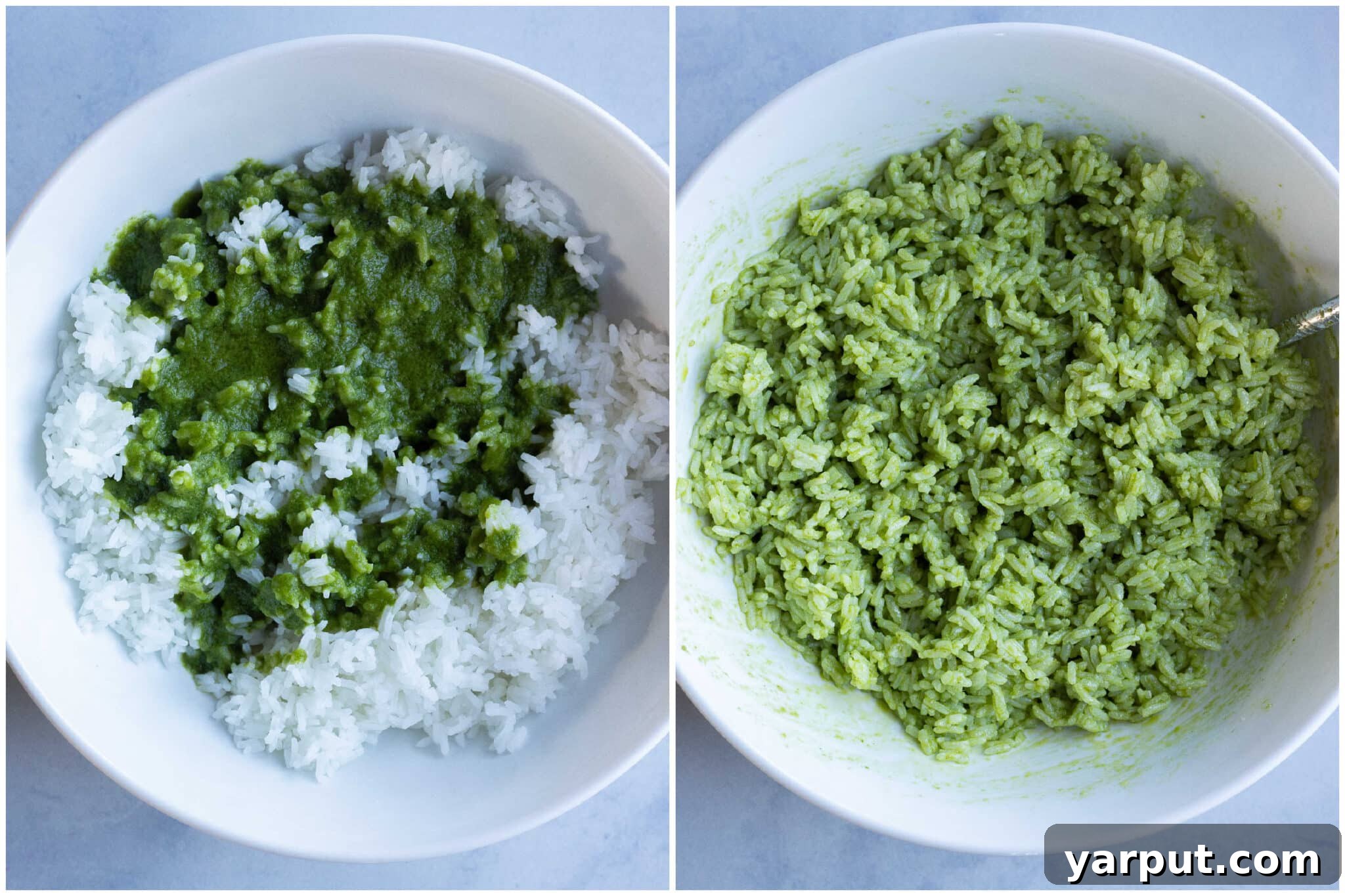 white rice mixed with lemon basil sauce in a big serving bowl