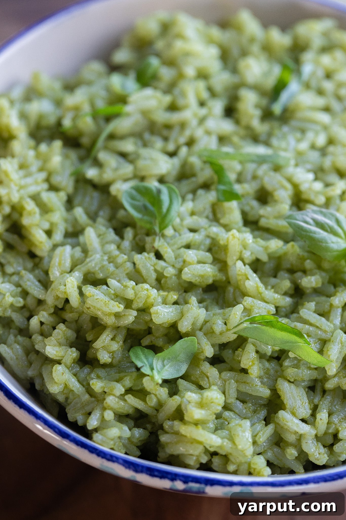 Close up of basil flavored rice in a bowl