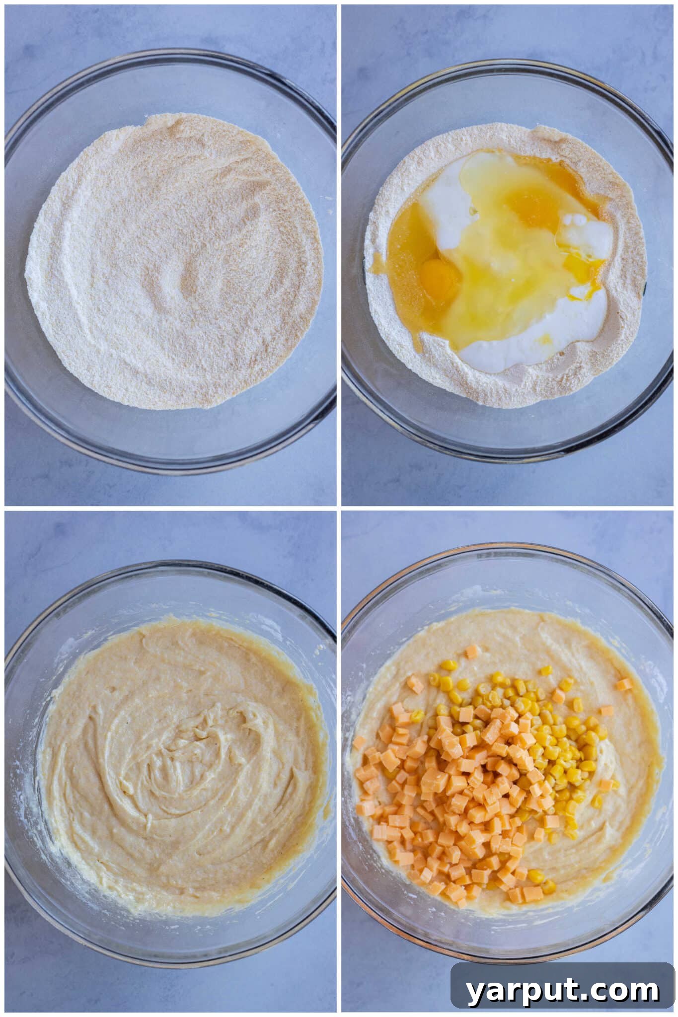 showing how to make the cornbread batter in a large bowl
