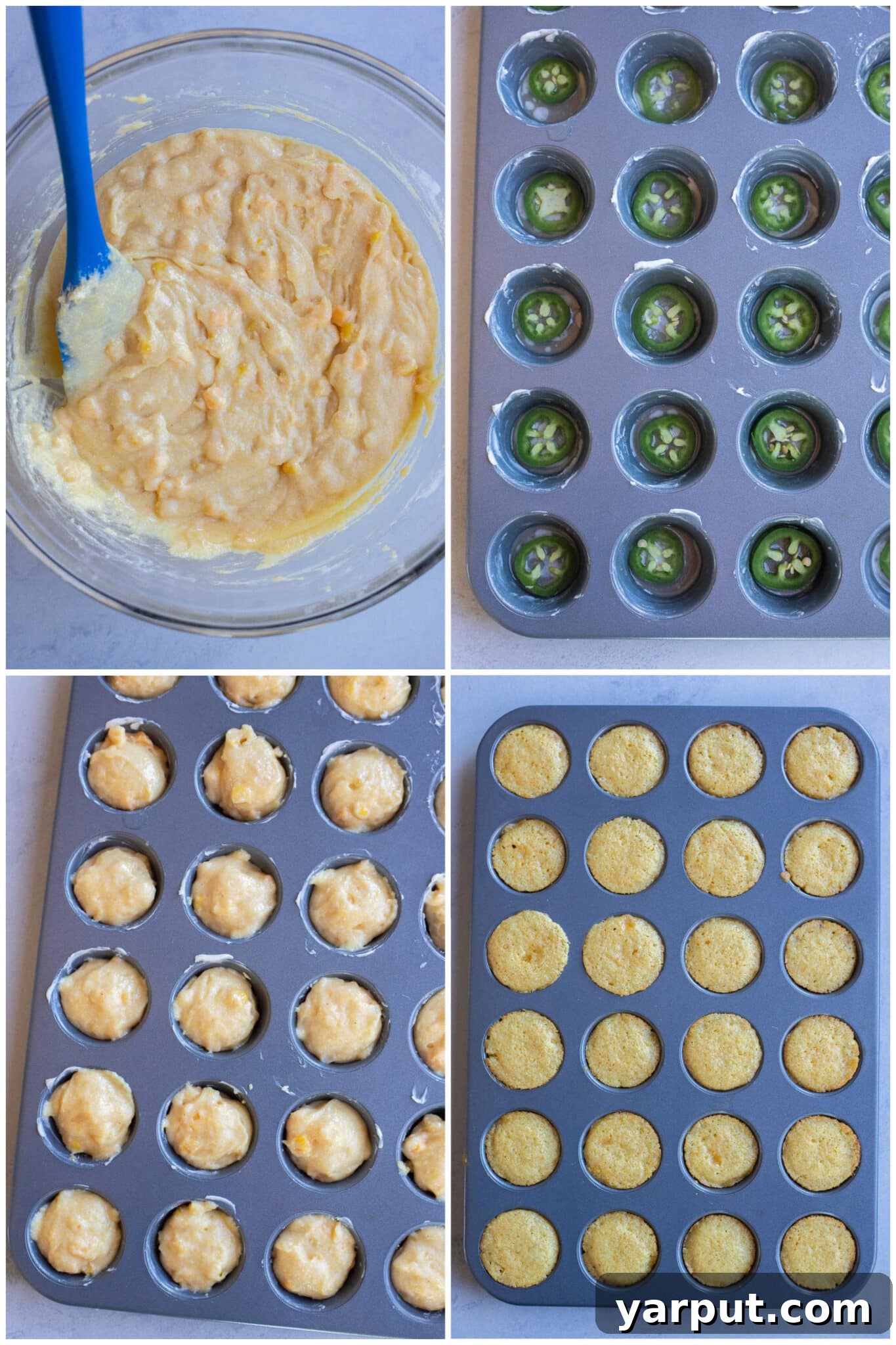 showing how to add the jalapeños and cornbread batter to the muffin tin