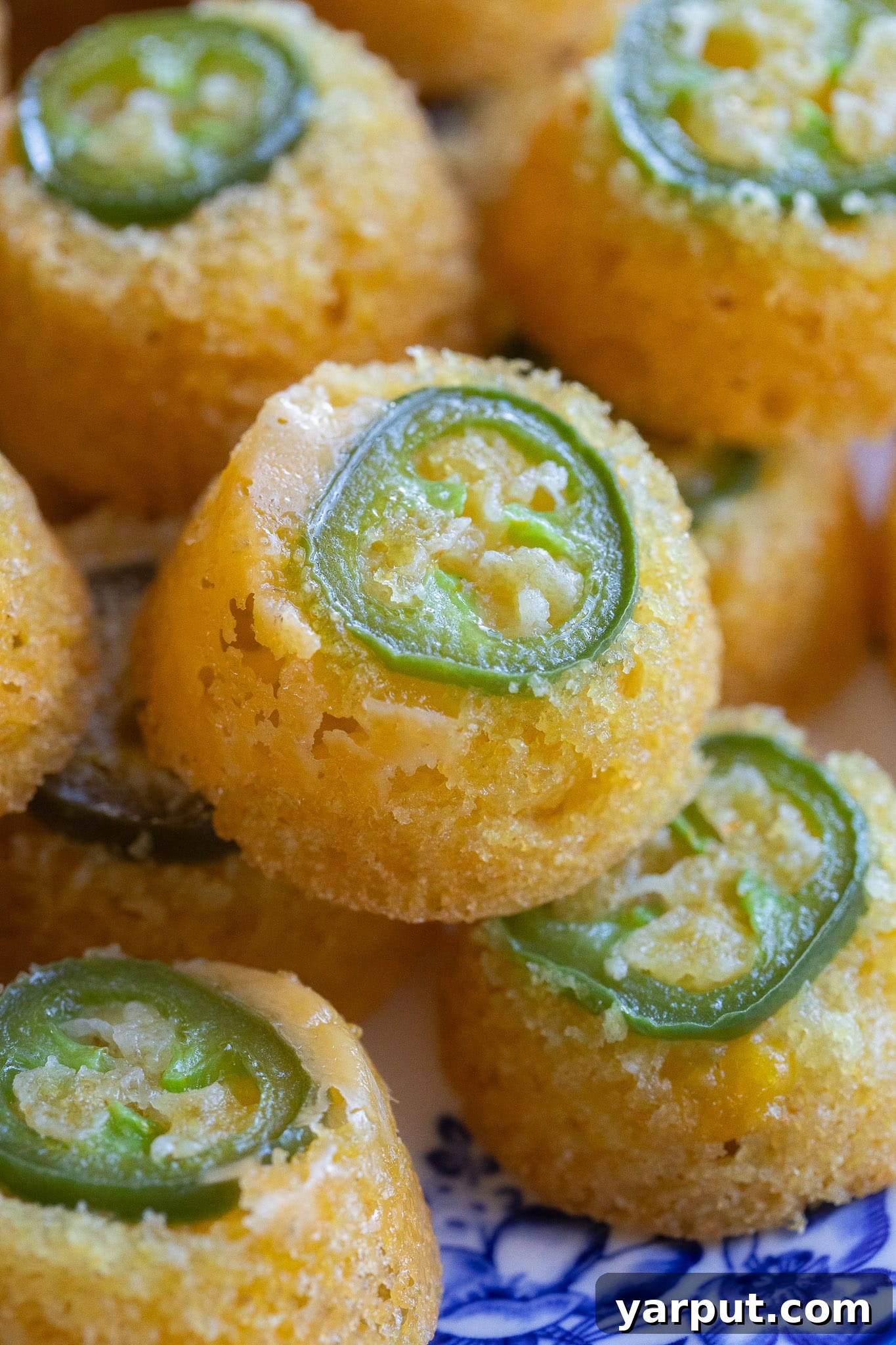 Close up of an upside down jalapeño cornbread bite